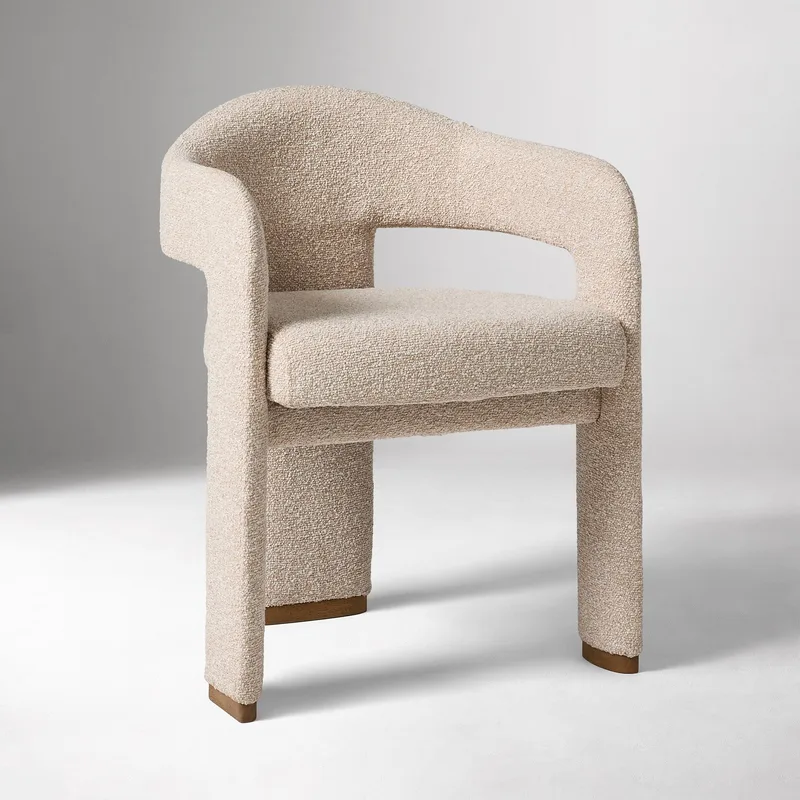 Cream White Boucle Upholstered Dining Armchair Curved