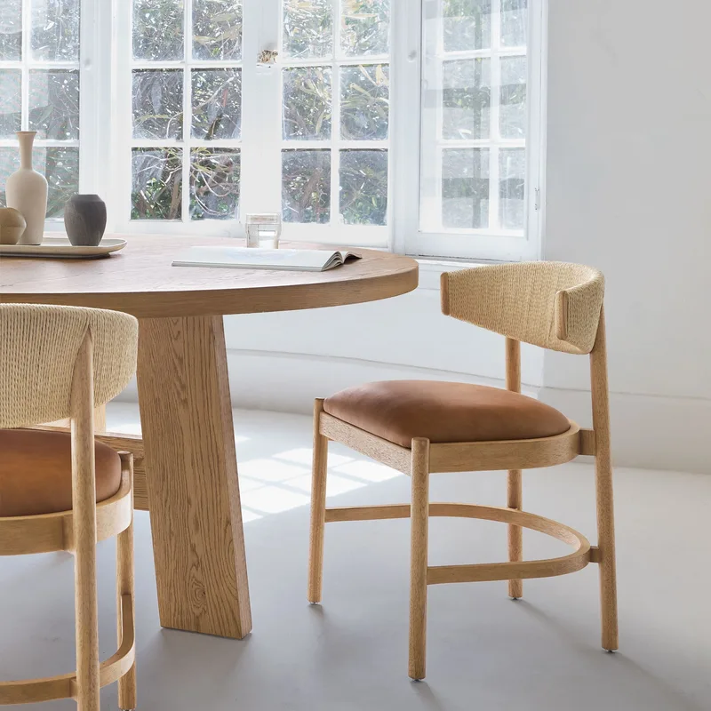 Woven Rope Back Dining Chair Camel Leather