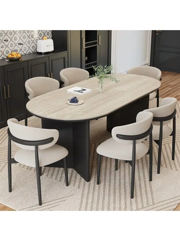 Vintage Wind-carved Travertine Slab Solid Wood Dining photo 3