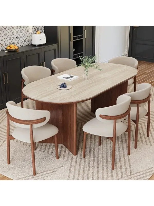 Vintage Wind-carved Travertine Slab Solid Wood Dining
